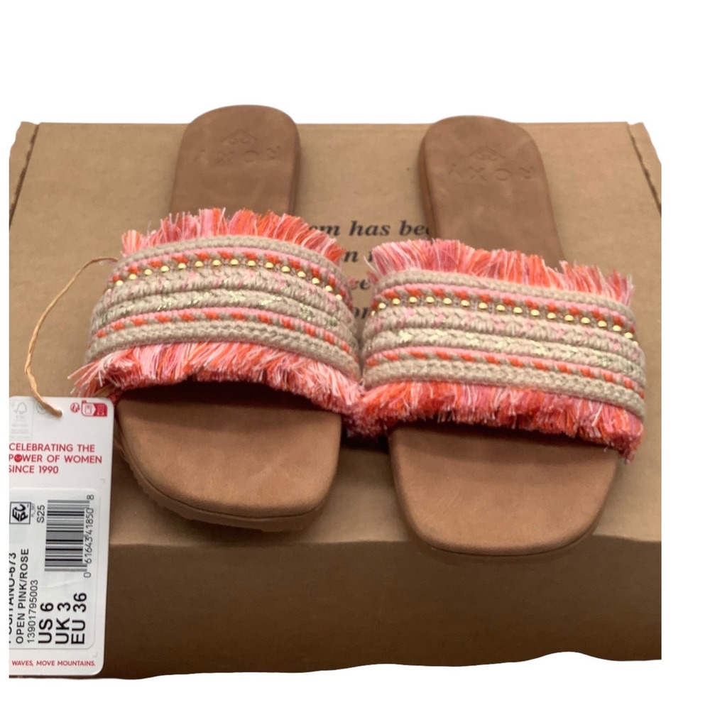 Roxy Positano Open Pink Rose Woven Fringe‎ Slide Sandals Womens 6 NEW ARJL101064